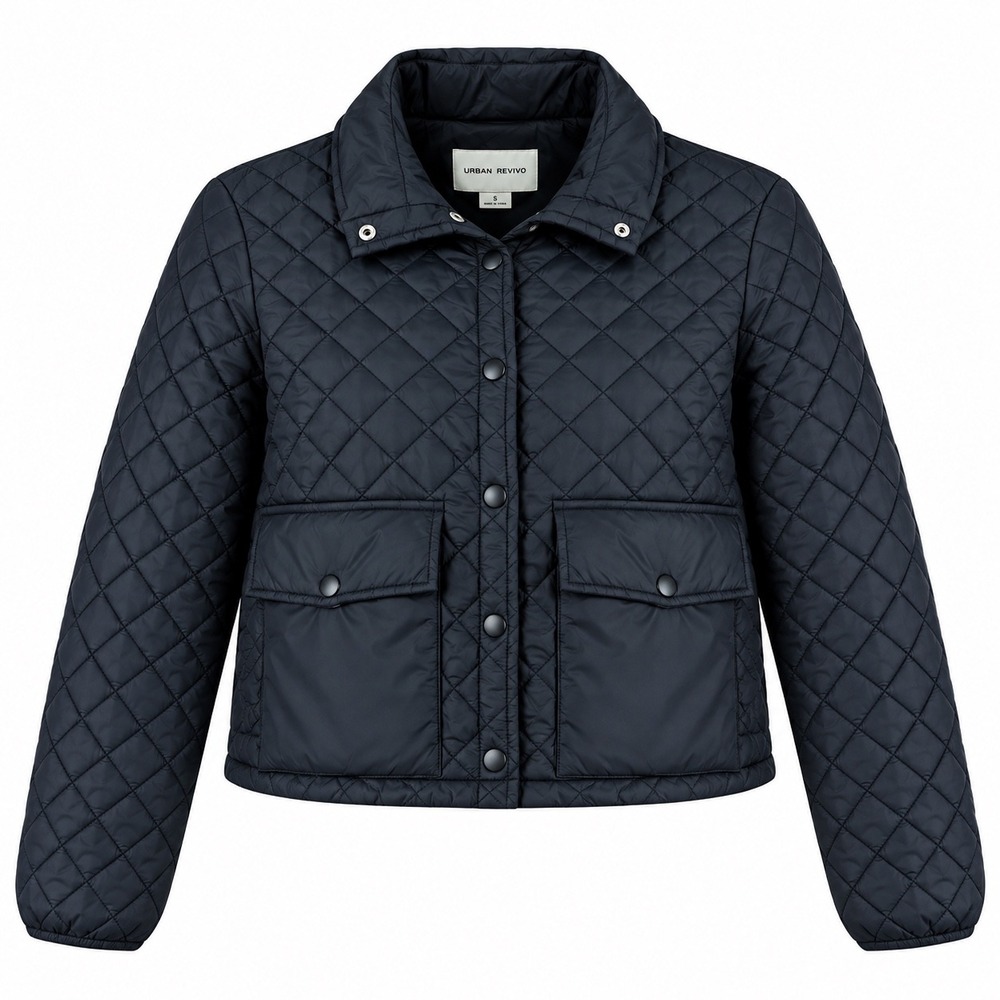 Urban Revivo Womens Quilted Puffer Jacket XS Polyamide Black Cropped Diamond